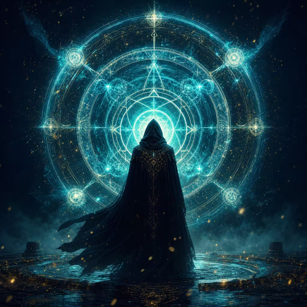 A hooded mage standing before a glowing arcane circle of runes